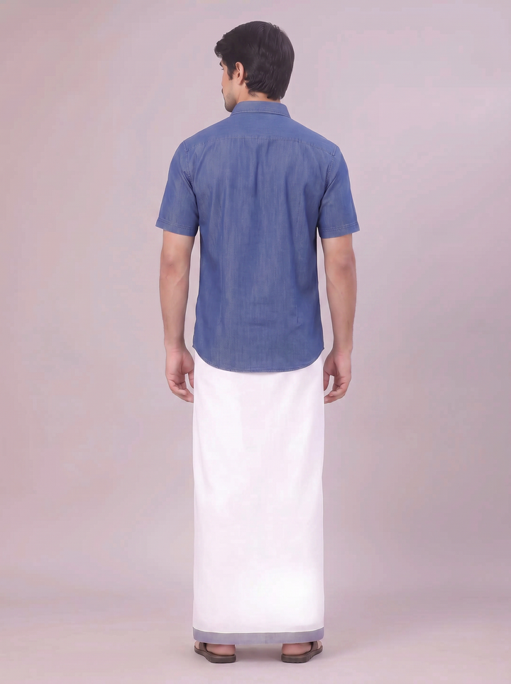 Mens Dark Blue Colour Shirt with Matching Fancy Border Dhoti Combo Lemax
