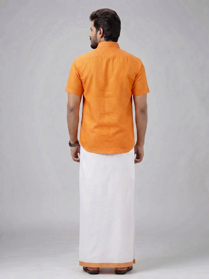 Men's Cotton Orange Matching Shirt with Fancy Printed Border Dhoti Combo Luster Trend