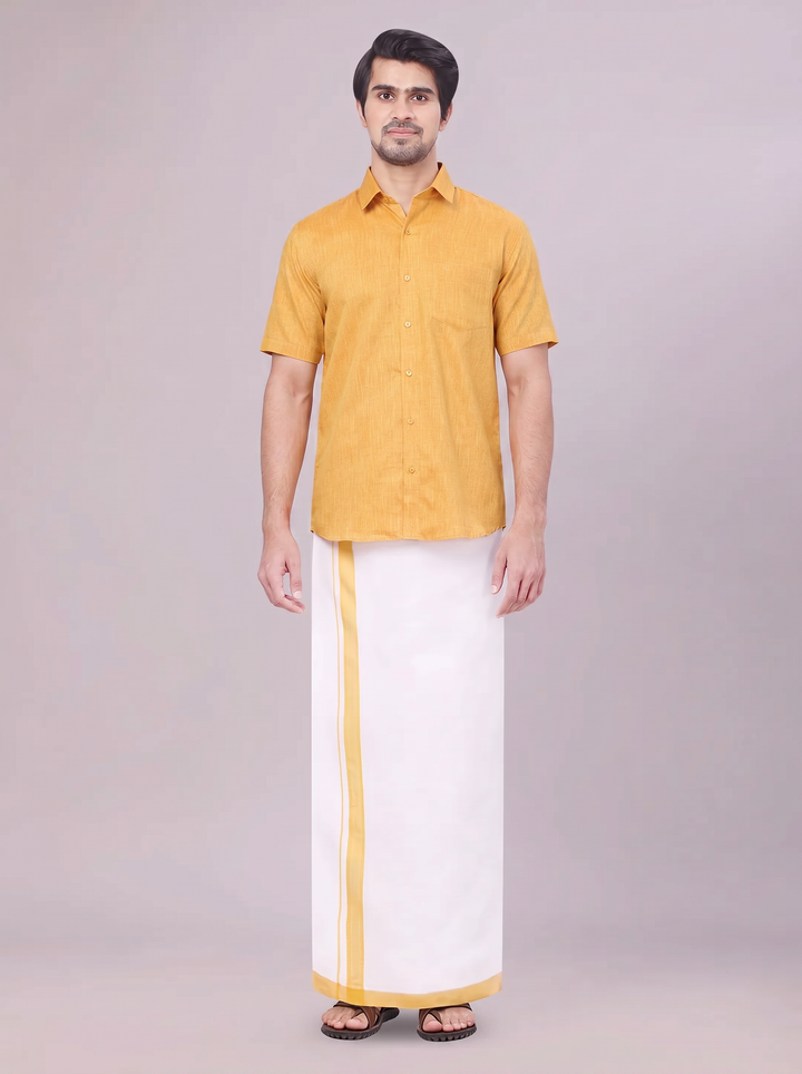 Mens Mustard Colour Shirt with Matching Fancy Border Dhoti Combo Lemax