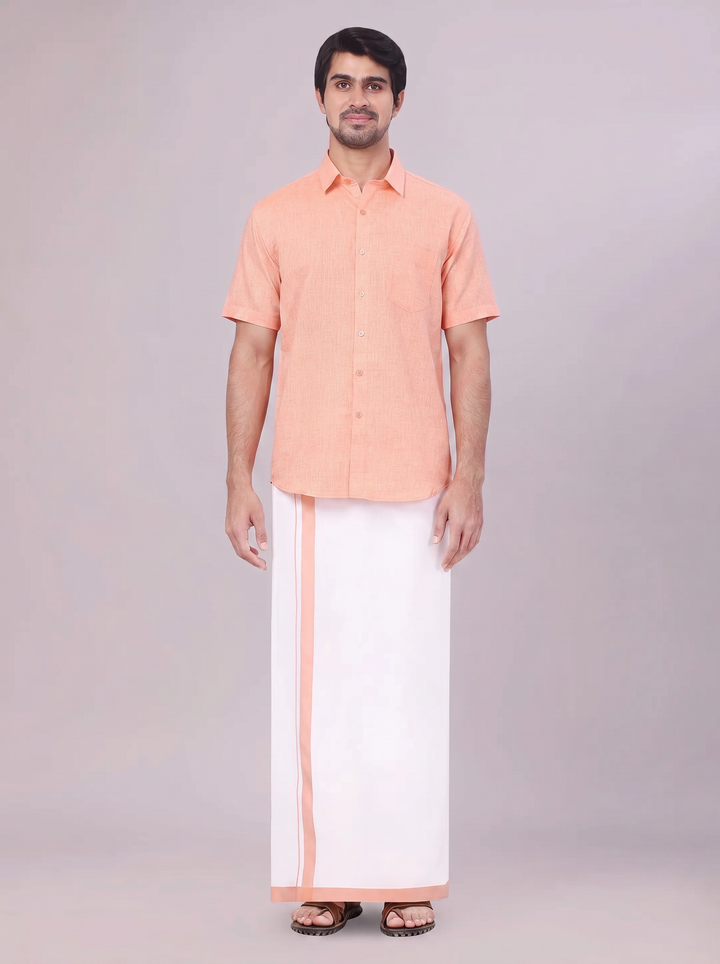 Mens Peach Colour Shirt with Matching Fancy Border Dhoti Combo Lemax