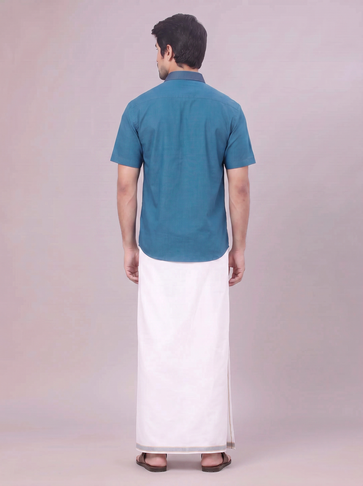 Men's Peacock Shirt with Matching Border Dhoti Combo Pinto