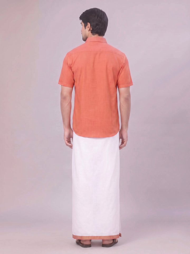 Mens Dark Brick Colour Shirt with Matching Fancy Border Dhoti Combo Lemax