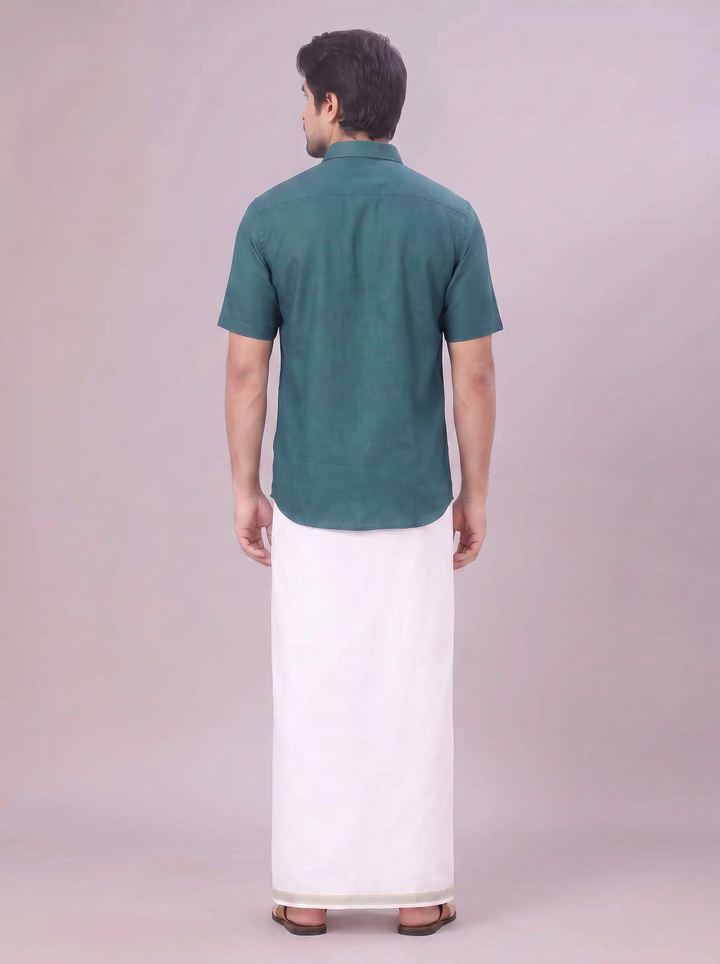 Men's Teal Green Shirt with Matching Border Dhoti Combo Pinto