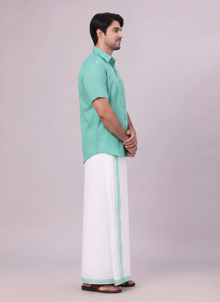 Men's Mint Blue Color Shirt with Matching Fancy Border Dhoti Combo Lemax