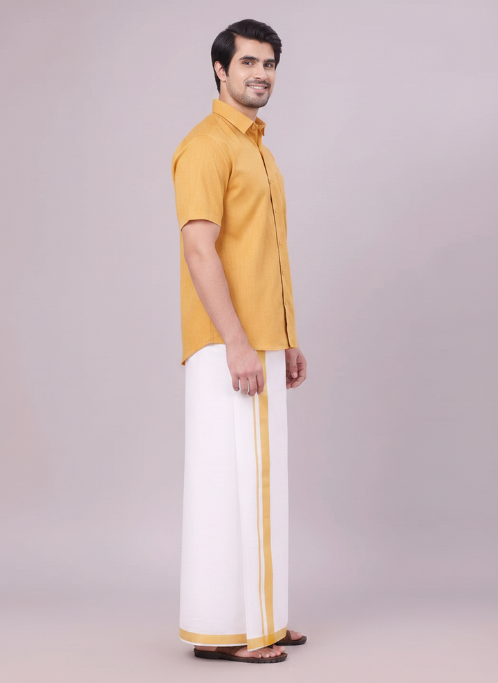 Mens Mustard Colour Shirt with Matching Fancy Border Dhoti Combo Lemax