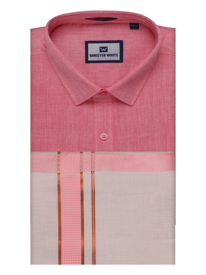 Mens Cotton Pink Shirt with Tissue Matching Border Dhoti Wedding Combo Kandala by Minister White