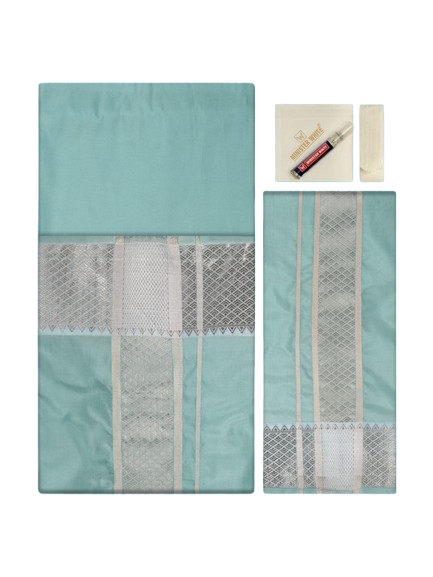 Men's Premium Art Silk Sea Green Shirt Bit with 3" Gold Jari Border Dhoti Towel Combo Tilak