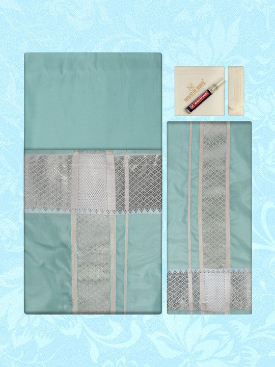 Men's Premium Art Silk Sea Green Shirt Bit with 3" Gold Jari Border Dhoti Towel Combo Tilak