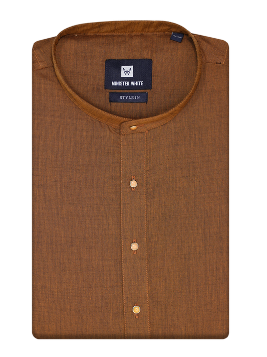 Mens Cotton Brown Colour Full Sleeves Long Length Kurta Style In by Minister White