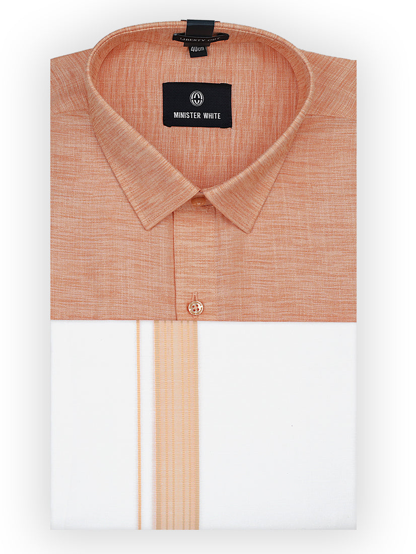 Mens Cotton Peach Colour Shirt with Matching Border Dhoti Combo Color Plus