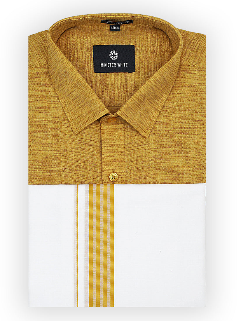 Mens Cotton Mustard Colour Shirt with Matching Border Dhoti Combo Color Plus