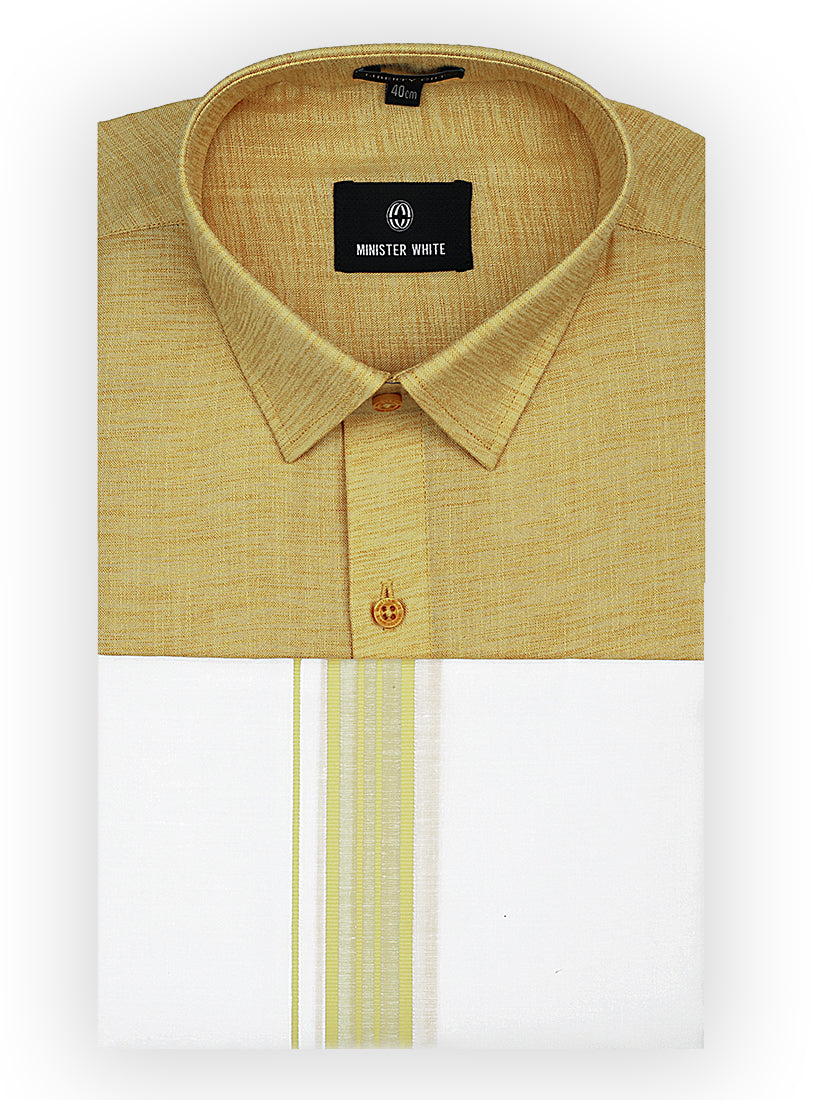 Mens Cotton Yellow Colour Shirt with Matching Border Dhoti Combo Color Plus