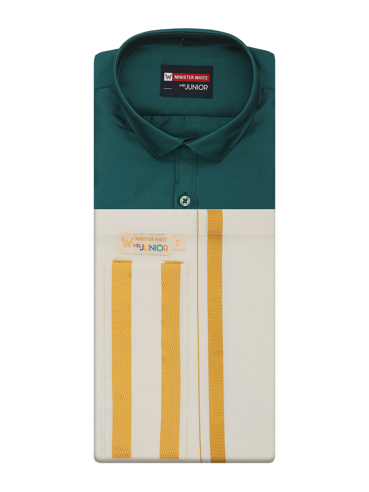 Boys Art Silk Aqua Blue Half Sleeves Shirt with Gold Jari Flexi Dhoti Towel Combo Calm Boy by Minister White