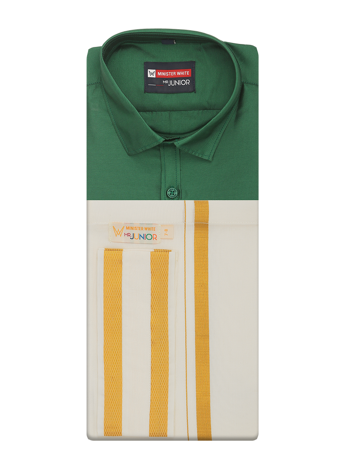 Boys Art Silk Green Half Sleeves Shirt with Gold Jari Flexi Dhoti Towel Combo Calm Boy by Minister White