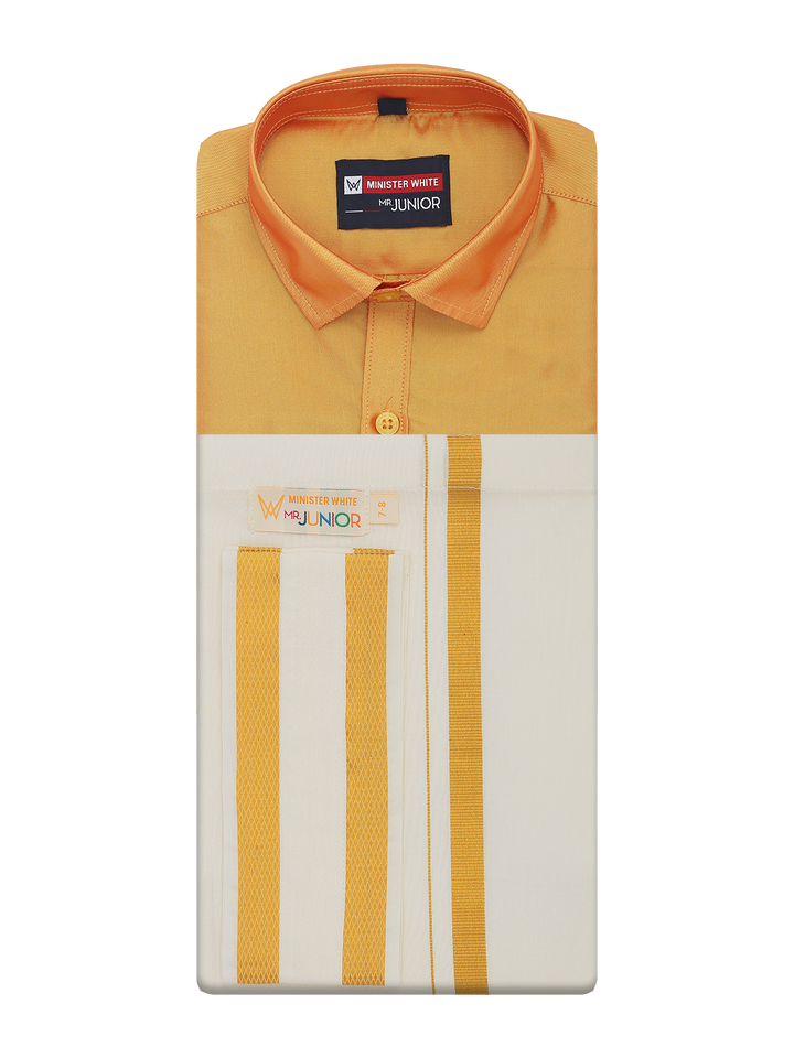 Boys Art Silk Golden Yellow Half Sleeves Shirt with Gold Jari Flexi Dhoti Towel Combo Calm Boy by Minister White