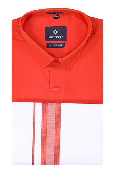 Mens Cotton Brick Red Colour Shirt with Matching Border Dhoti Combo Hit Man by Minister White