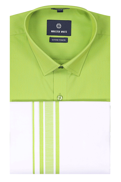 Mens Cotton Light Green Colour Shirt with Matching Border Dhoti Combo Hit Man
